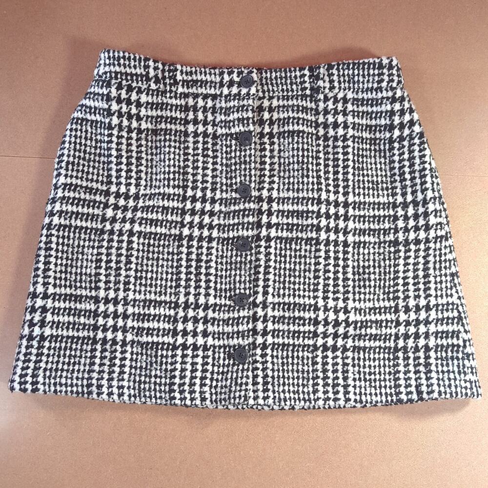 Tribal Houndstooth Plaid Mini Skirt Size 14 Black White Button Front